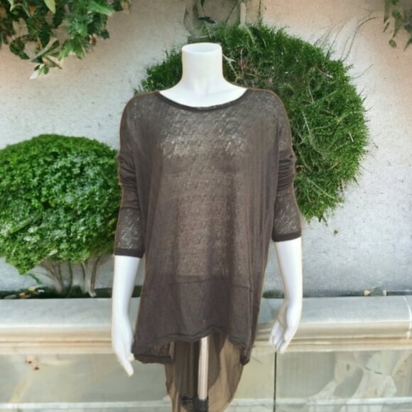 FREE PEOPLE Sweater Knit Tunic Top S Olive Eyelet Lightweight Chiffon Hi Low - Picture 13 of 14